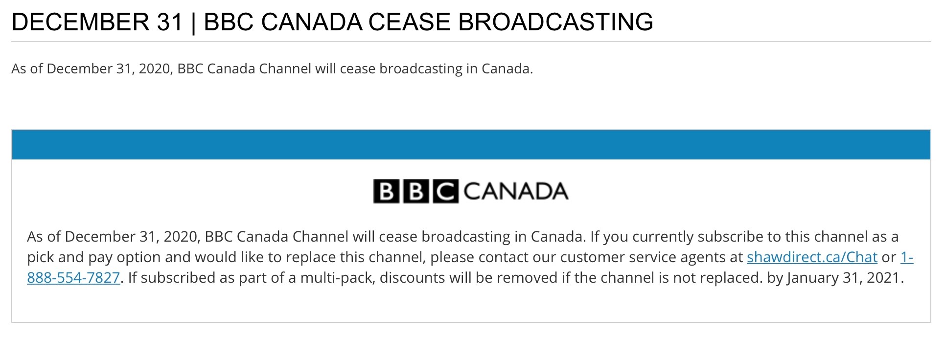 Corusowned BBC Canada shutting down at month's end Cartt.ca